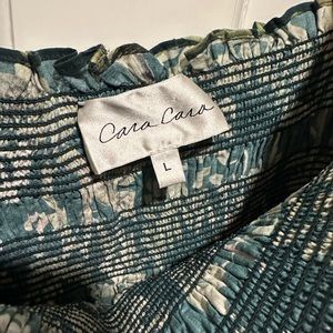 Cara Cara Jazzy Floral Print Dress Botanical Birds Emerald Green Smocked Large